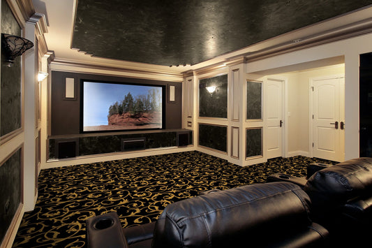 Acanthus home theater carpet installed in a home cinema — Joy Carpets Any Day Matinee broadloom