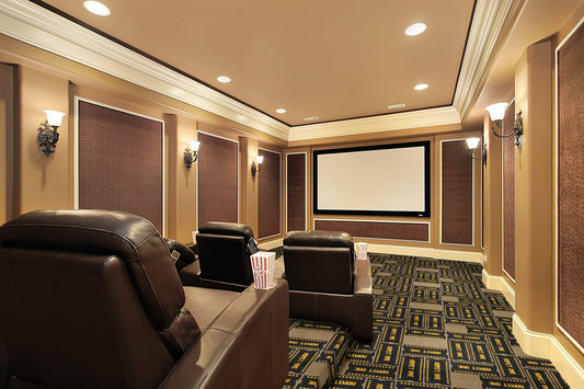 Admit One home theater carpet installed in a home cinema — Joy Carpets Any Day Matinee broadloom