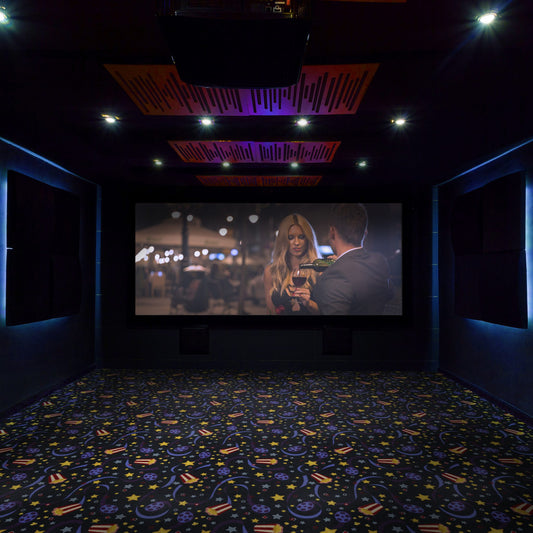 Feature Film home theater carpet installed in a home cinema — Joy Carpets Any Day Matinee broadloom