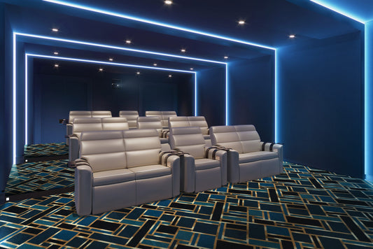 Gatsby home theater carpet installed in a home cinema — Joy Carpets Any Day Matinee broadloom