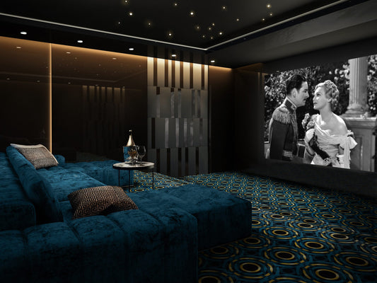 Mayfair home theater carpet installed in a home cinema — Joy Carpets Any Day Matinee broadloom
