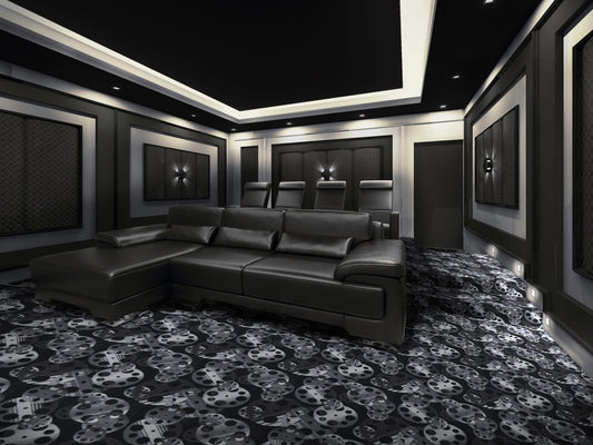 Reeling home theater carpet installed in a home cinema — Joy Carpets Any Day Matinee broadloom