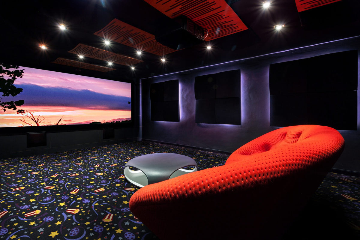 Feature Film home theater carpet in Charcoal in a finished theater room