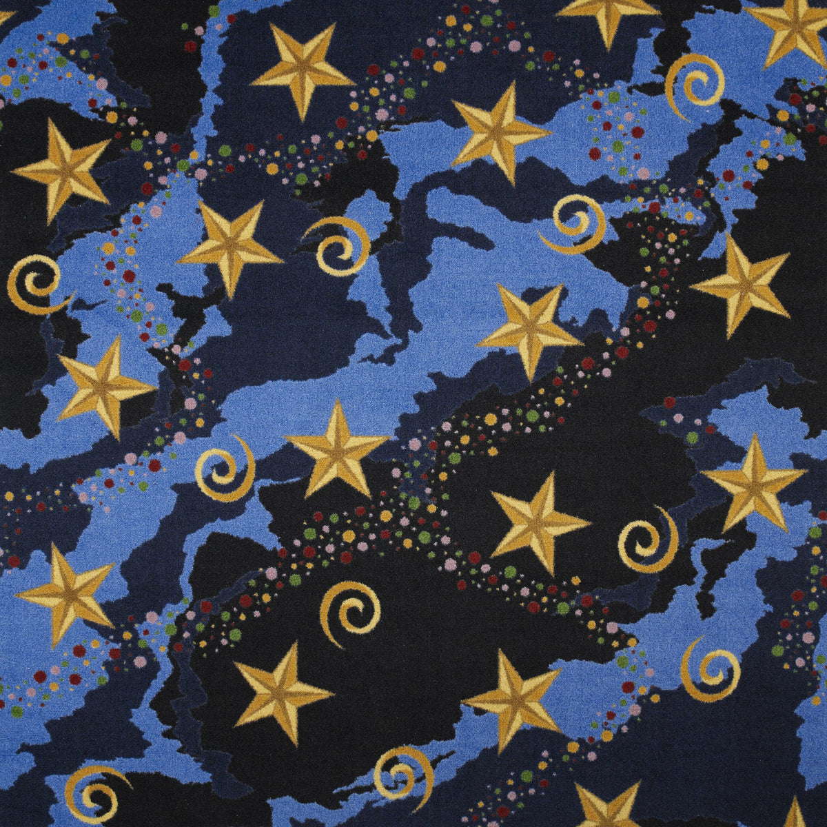 Galaxy carpet — gold stars and confetti on royal blue, pattern detail