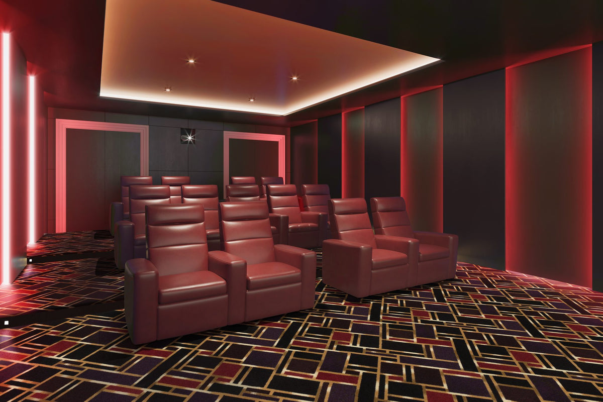 Gatsby home theater carpet in Ruby in a finished theater room