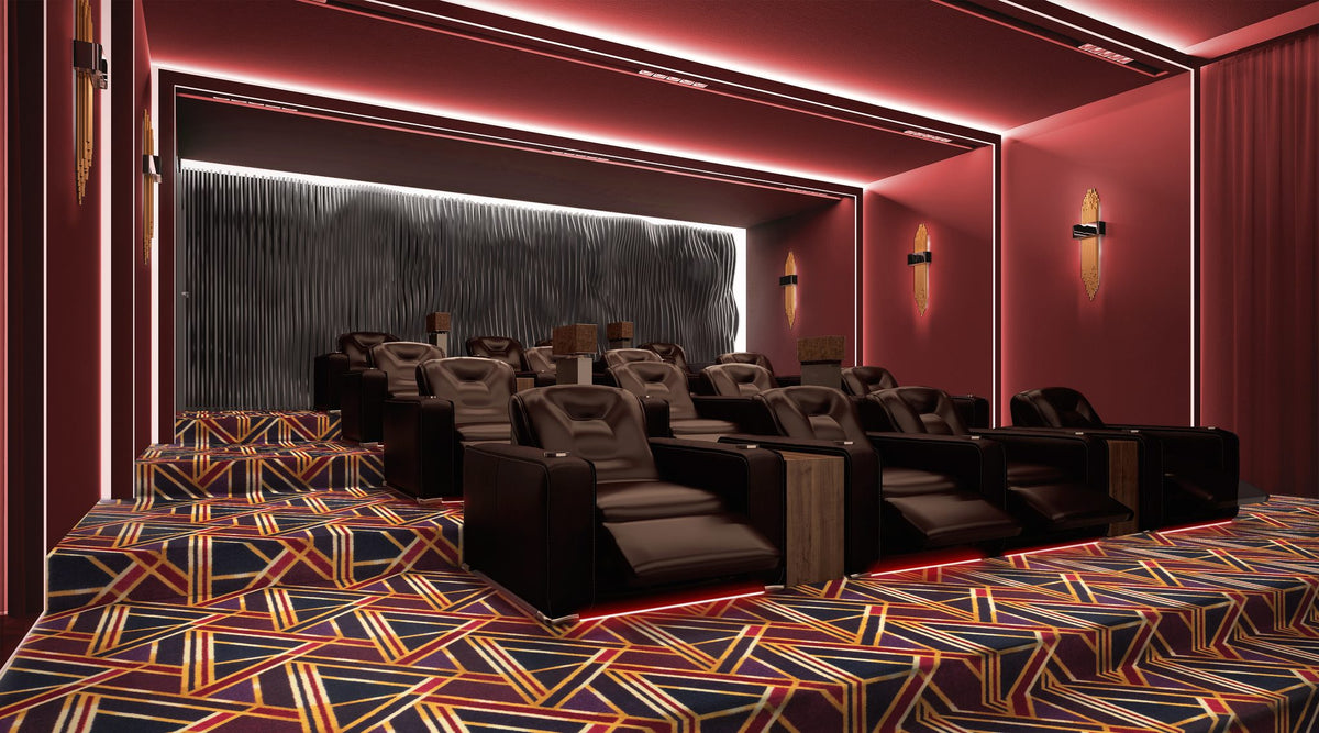 Moderne home theater carpet in Ruby in a finished theater room