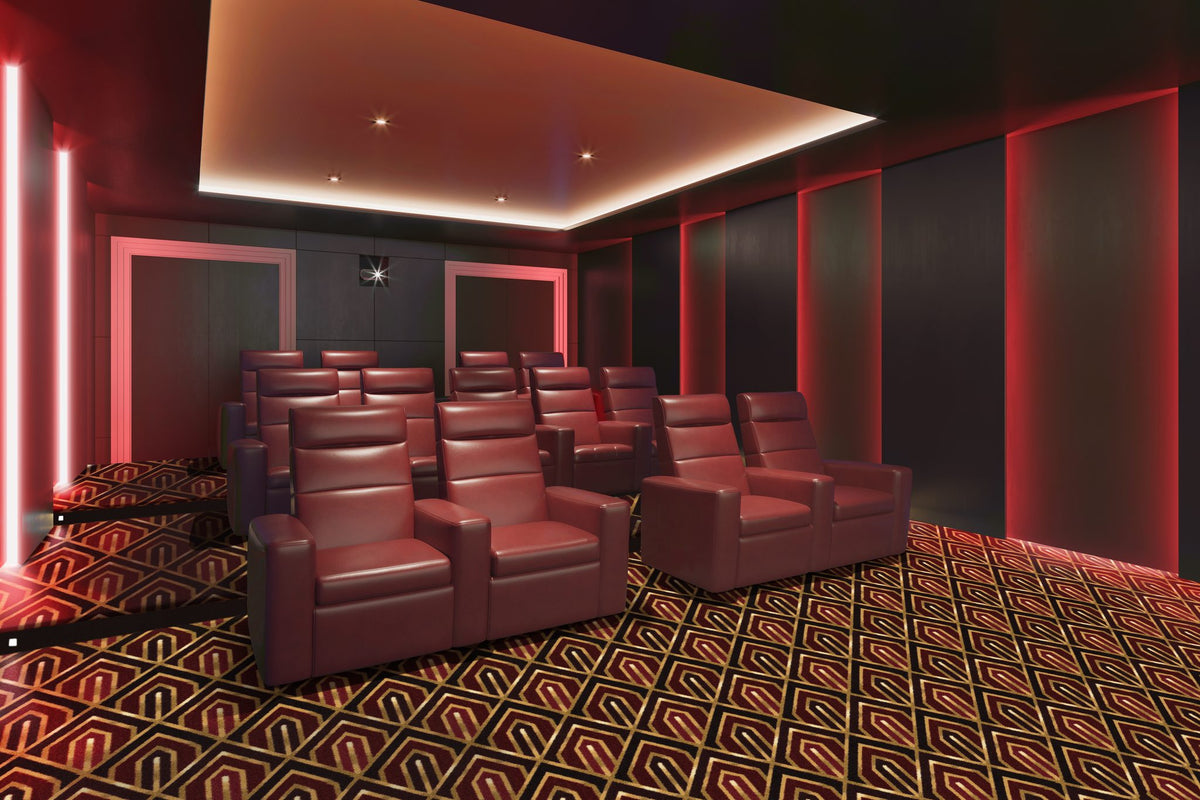 Pinnacle home theater carpet in Ruby in a finished theater room