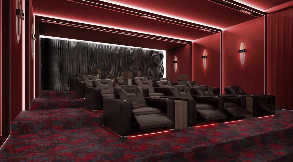 Reeling home theater carpet in Burgundy in a finished theater room