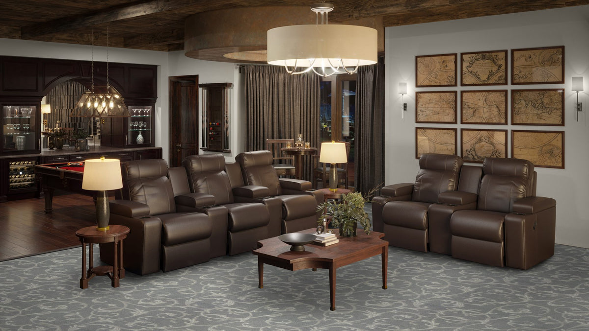 Acanthus home theater carpet shown across a full theater floor
