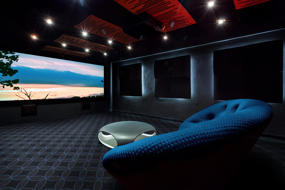 Eclipse home theater carpet shown across a full theater floor