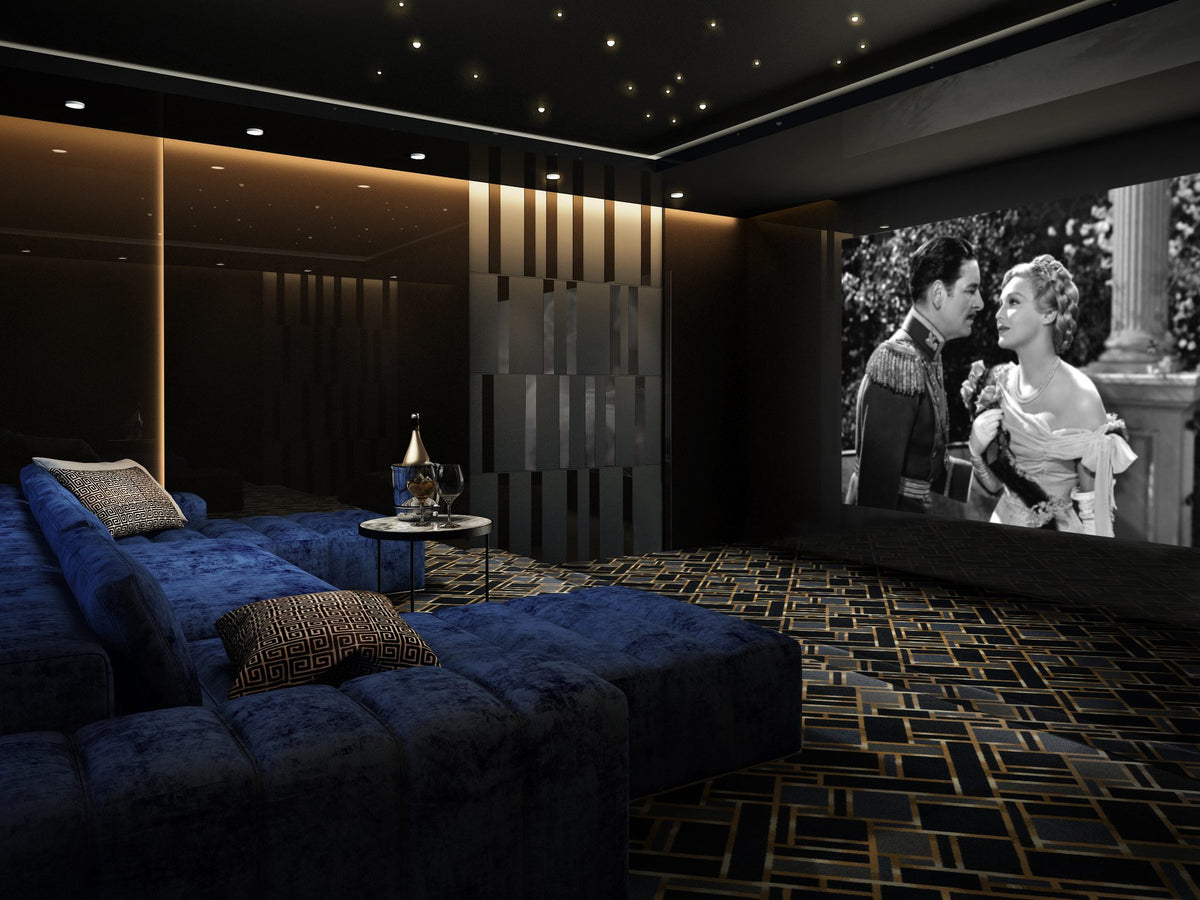 Gatsby home theater carpet in Smoke shown across a theater floor