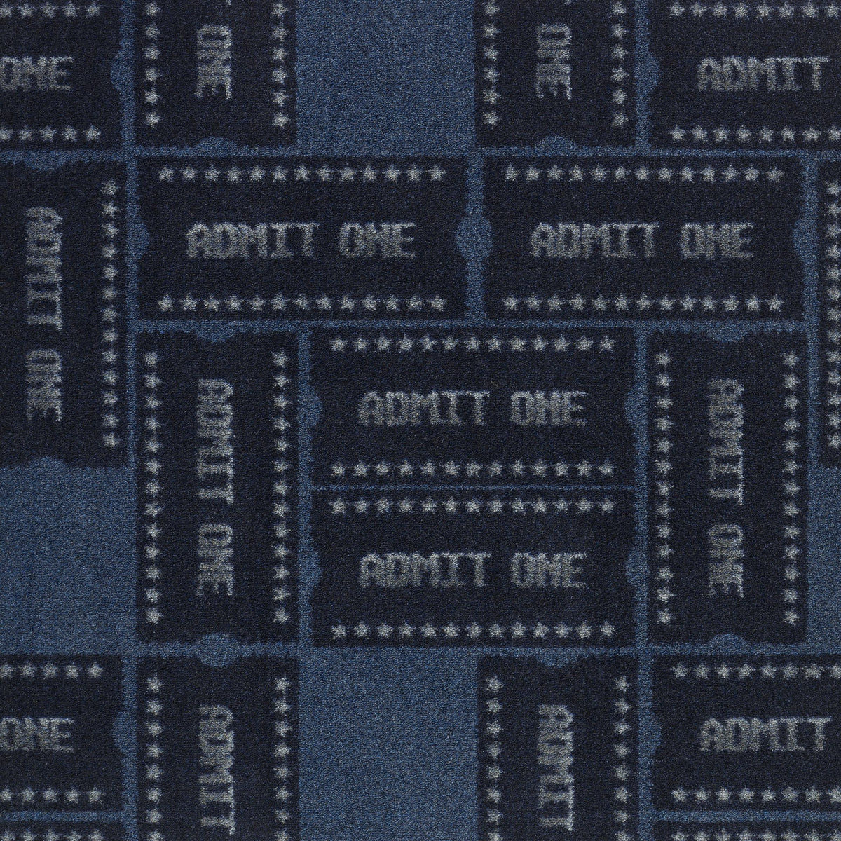 Admit One home theater carpet in Blue — ticket motif pattern detail