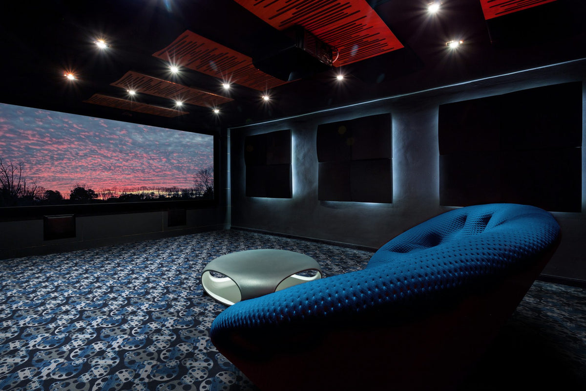 Reeling home theater carpet in Slate with theater seating