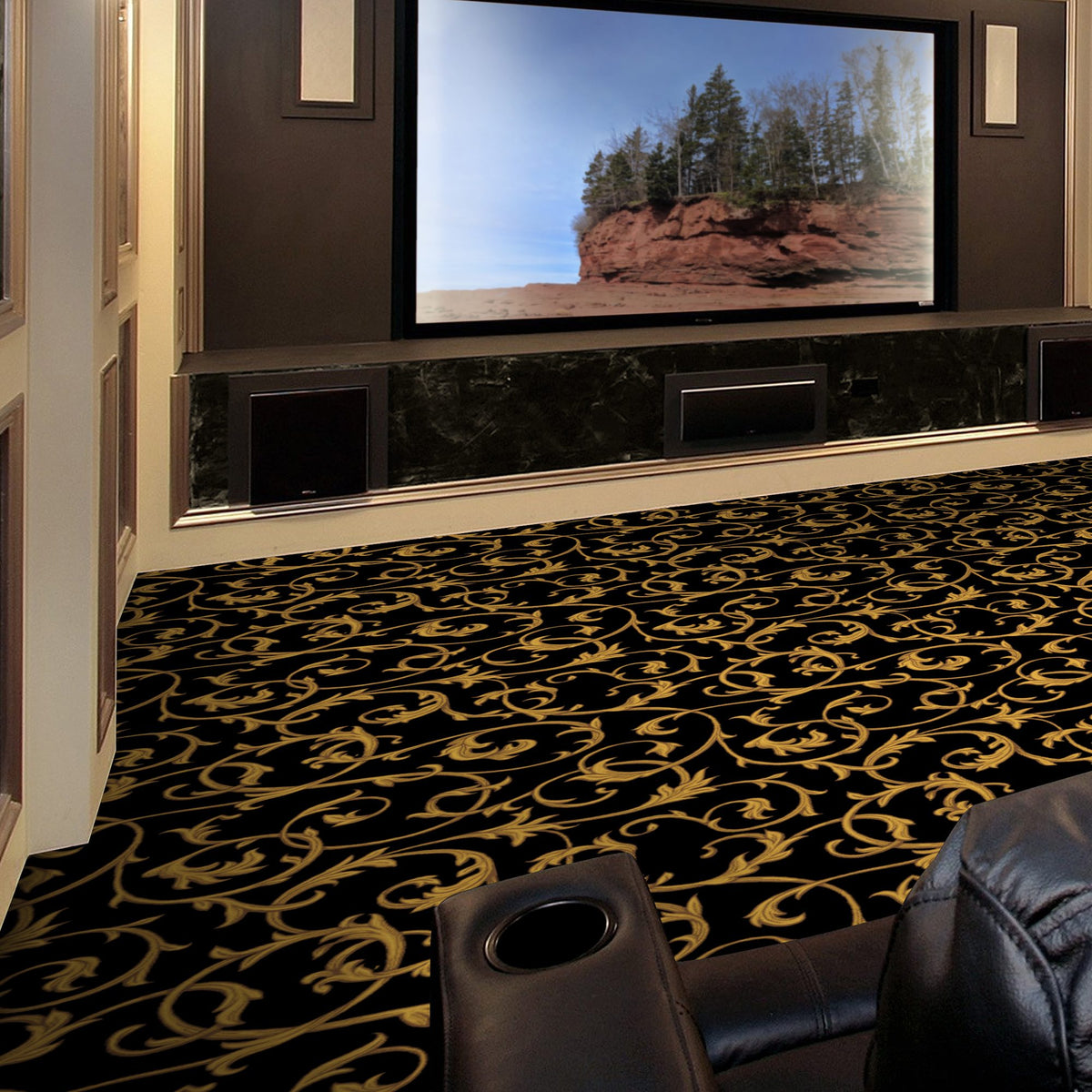 Acanthus carpet in Black — close-up of cut pile and printed pattern
