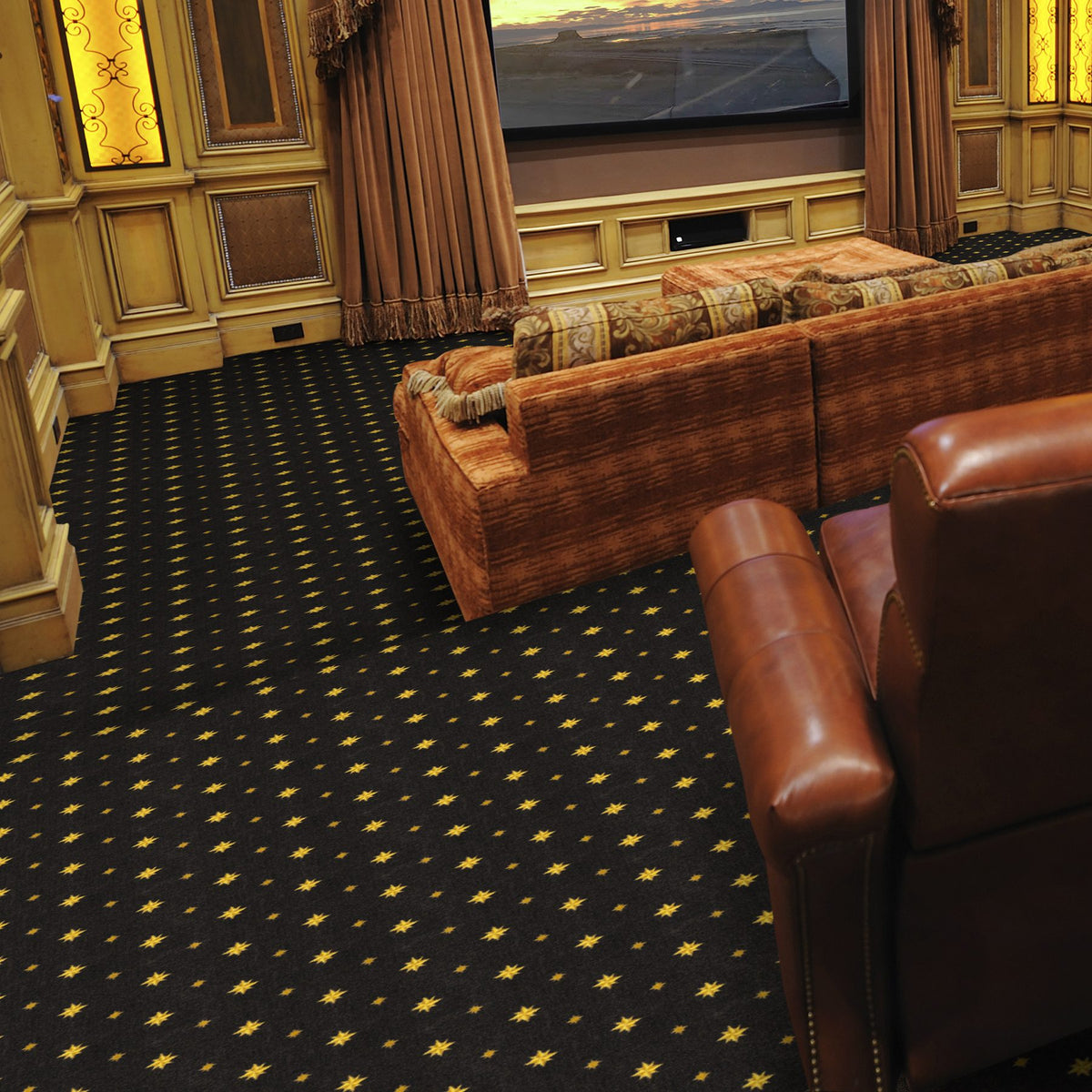 Walk of Fame carpet in Brown — angled close-up of printed pattern